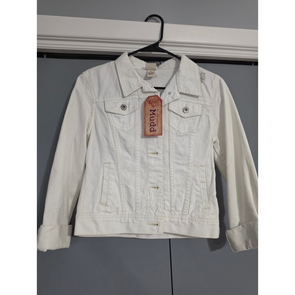 Mudd Jean Jacket Women L White NEW Distressed Denim Button Up